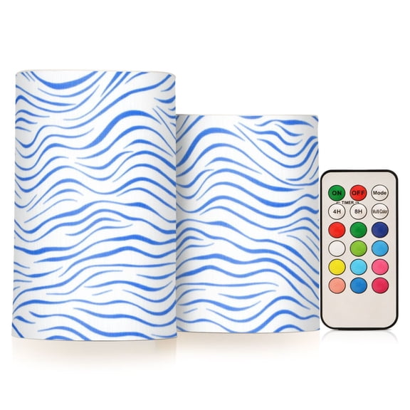 Blue Wavy Lines Flickering Flameless Candles LED Tealight Battery Operated with Remote Set of 2 Holiday Decor Ornaments