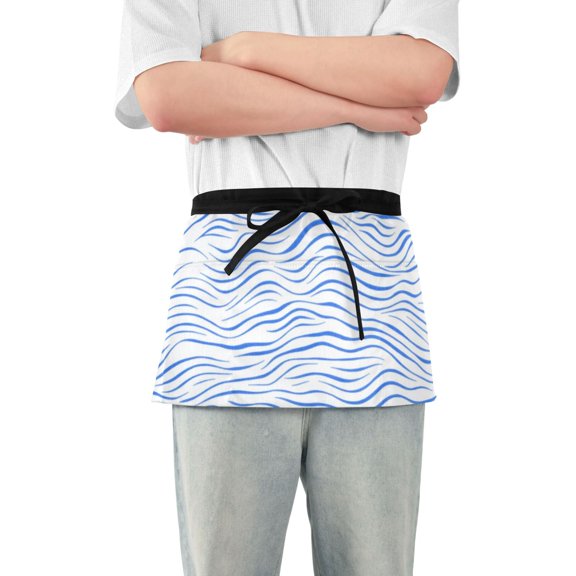 Blue Wavy Lines Short Server Apron with 3 Pockets for Unisex Chef Gardening