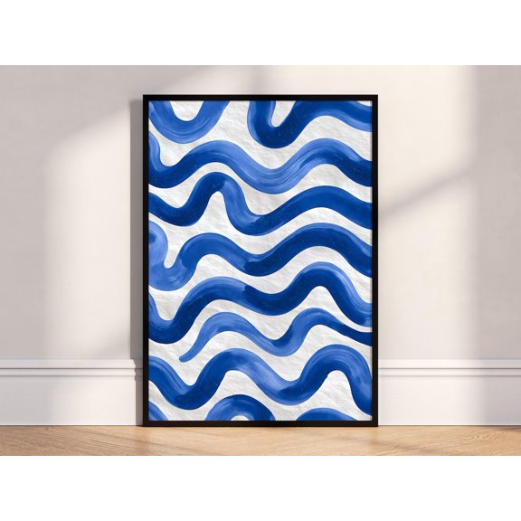 Blue Wavy Lines Wave Pattern Contemporary Wall Art Print