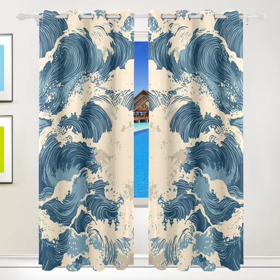 Blue Wavy Vintage Blackout Curtains for Living Room Bedroom 55W x 72/84L Insulated Window Drapes 2 Panels