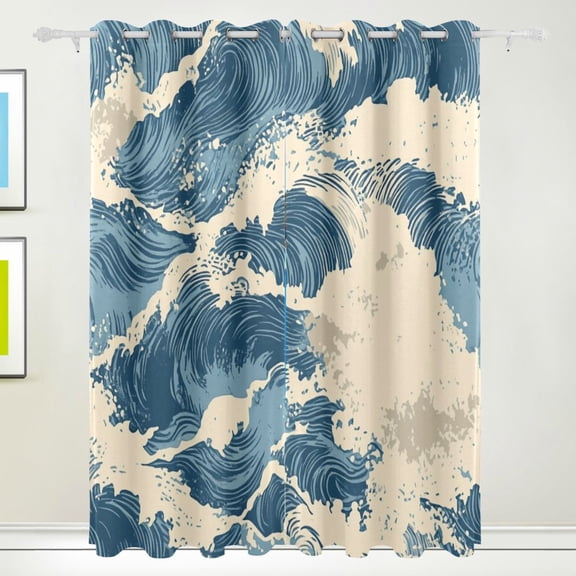 Blue Wavy Vintage Blackout Curtains for Living Room Bedroom 55W x 72/84L Insulated Window Drapes 2 Panels