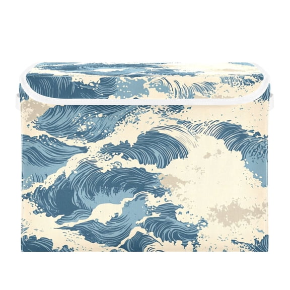 Blue Wavy Vintage Large Storage Bins with Linen Collapsible Lid Storage Box 16.7 x 12.6 x 11.8in