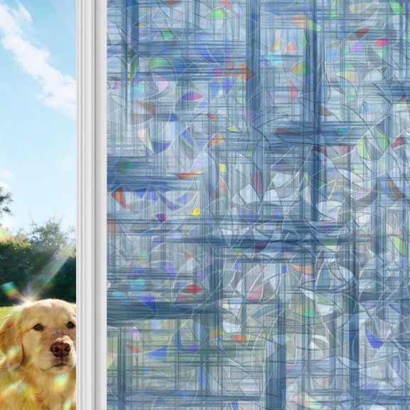 Blue Weave Mesh Rainbow Window Privacy Film, Modern Minimalist Abstract Stained Glass Window Film, Sun Blocking Glass Clings Static Cling Non Adhesive Door Stickers 17.7 x 39.3 Inches