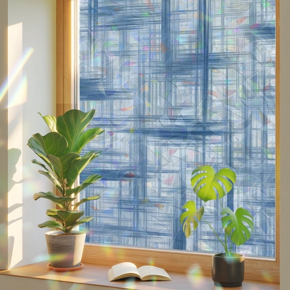 Blue Weave Mesh Window Privacy Film, Modern Minimalist Abstract Stained Glass Rainbow Film Decorative Window Clings, Static Cling Sun Blocking Stickers 19.6" x 39.3"