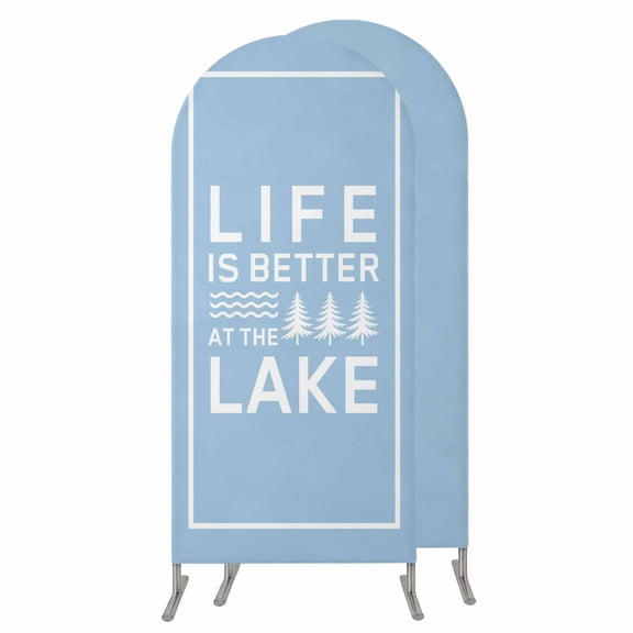 Blue Wedding Arch Cover,Stretchy Spandex Arch Backdrop Stand Covers 4 FT,Mountain Forest Tree Life Is Better at The Lake Round Top Arched Backdrop Cover for Birthday Party Ceremony Baby Shower Event