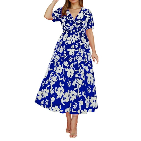 Blue Wedding Guest Dress Women Plus Size Floral Maxi Dress Casual Vacation Long Dress with Round Neck for Spring Summer L Polyester,Spandex Plus Size Dress