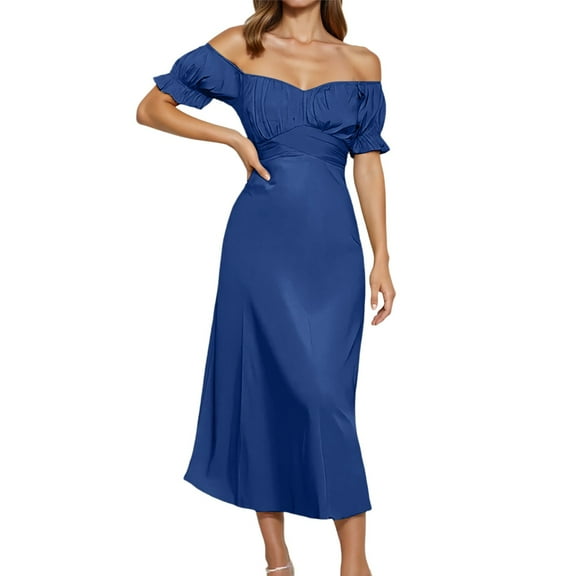 Blue Wedding Guest Dress Women's 2025 Summer Satin Midi Dress Off the Shoulder Wrap Ruched Wedding Guest Party Formal Prom Dresses L Polyester Women's Casual Dress