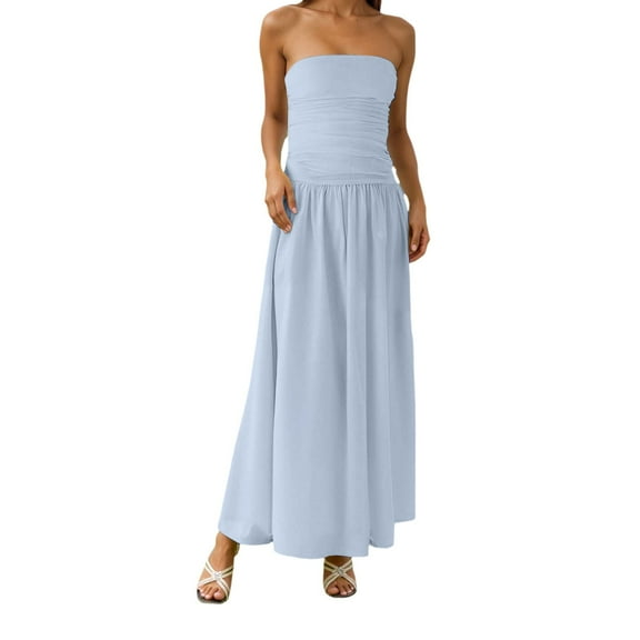 Blue Wedding Guest Dress Women's Elegant Strapless Maxi Dress Summer Casual Boho Flowy Beach Wedding Party Gown with Ruffles and Side Slit L Polyester Women's Casual Dress