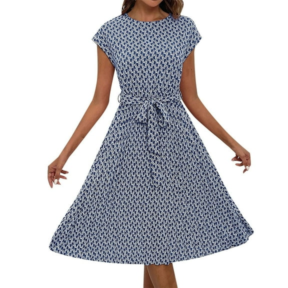 Blue Wedding Guest Dress Women's Summer Cocktail Dress Bat Sleeves with Belt Pleated Hem Printed High Neck Casual Floral Loose Skirt S Polyester Women's Casual Dress