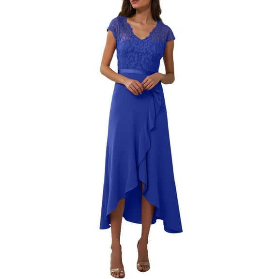 Blue Wedding Guest Dress Women's V Neck Dress Wedding Guests High and Low Flower Lace Party Formal Bridesmaid Dress S Chiffon Women's Formal Dress