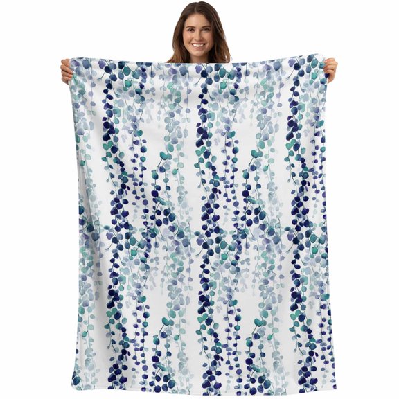 Blue Weeping Eucalyptus Blanket Soft Cozy Warm Throw Blanket for Couch, Plush Fuzzy Flannel Fleece Blankets for Sofa, Spring Summer Farmhouse Leaves Bed Blankets Lightweight Gifts for Women, 50"x60"