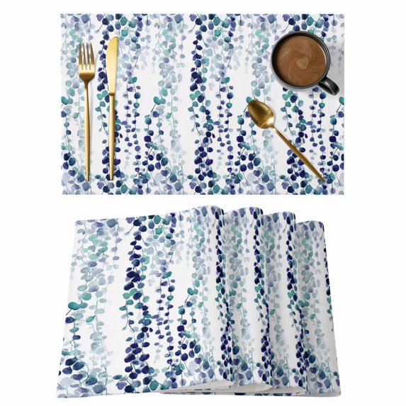 Blue Weeping Eucalyptus Placemats Set of 12, Spring Summer Farmhouse Leaves Placemats for Dining Table, Place Mats for Kitchen Tabletop, Waterproof Wipeable Dining Table Mats Set