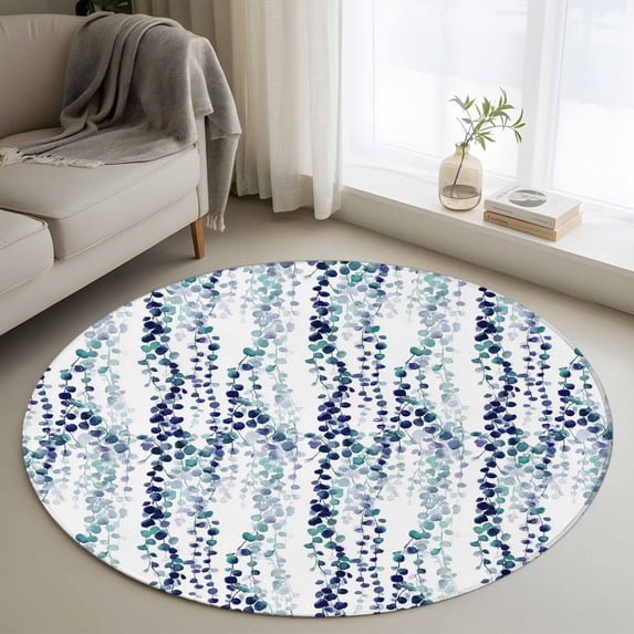Blue Weeping Eucalyptus Round Area Rug 4ft, Spring Summer Farmhouse Leaves Washable Non-Slip Circle Rugs for Bedroom Living Room Kitchen, Soft Non Shedding Circle Carpet for Dining Room Dorm