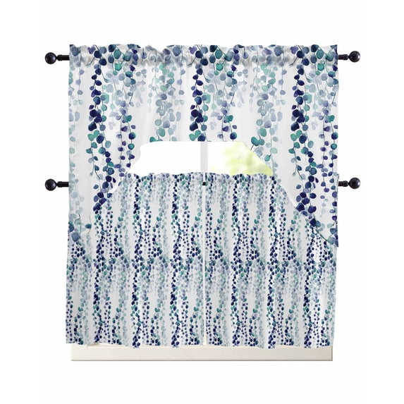 Blue Weeping Eucalyptus Swag Kitchen Curtains Sets for Windows 24 Inch Length, Spring Summer Farmhouse Leaves Short Window Curtain Panels Swags Valances and Tiers 3 Piece Set for Cafe/Dining Room