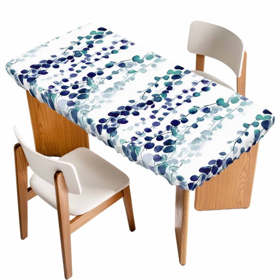 Blue Weeping Eucalyptus Table Cloths for 6 Foot Rectangle Tables, Spring Summer Farmhouse Leaves Patio Waterproof Elastic Fitted Tablecloths, Washable Rectangular Table Cover for Camping