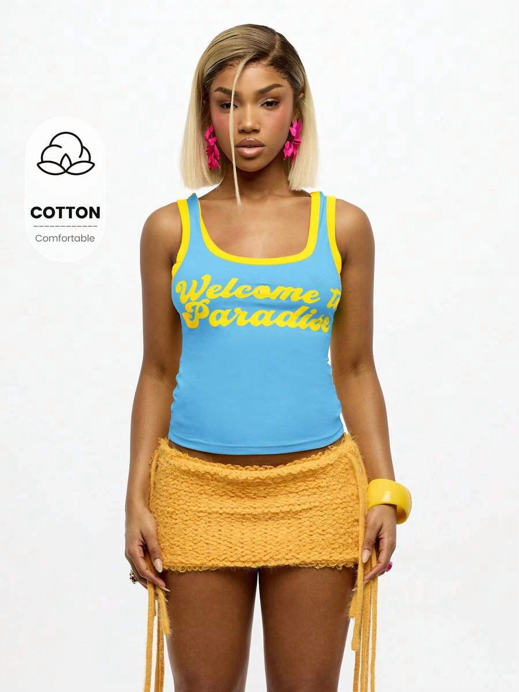 Blue Welcome To Paradise Retro Y2K Sleeveless Crop Tank Top For Summer ...