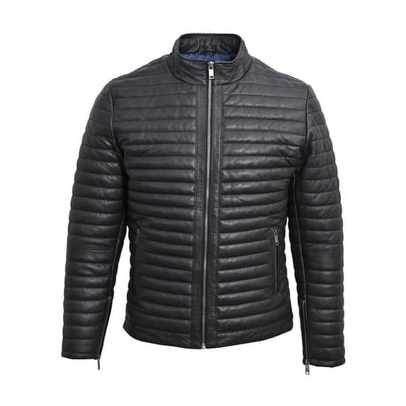 BLUE WELLFORD Dustin Black Leather Jacket Men's Biker Style with Zipped Cuffs Inside Pockets and Front Zip Closure