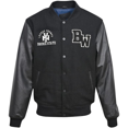 thumbnail image 1 of BLUE WELLFORD Harris Varsity Leather Jacket Men's Wool Body with Leather Sleeves Embroidered Badges Retro Bomber Style in Black, 1 of 6
