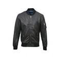 thumbnail image 1 of BLUE WELLFORD KALID Men's Black Leather Bomber Jacket, Stand Collar, Ribbed Cuffs & Waist, Left Sleeve Zipper Pocket, 2 Snap Studded Side Pockets, 1 of 3