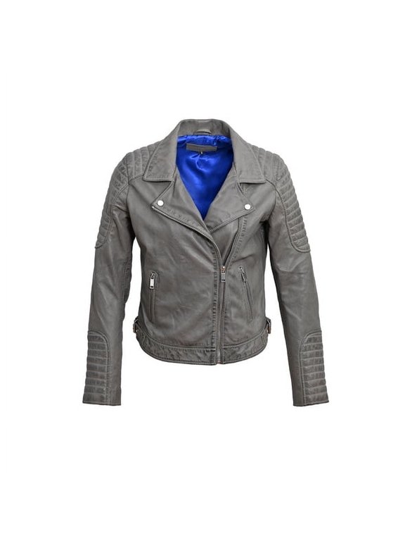 Women's Gray Leather Perfecto Jacket Stylish Biker Design with Lapel Collar, Shoulder Padding, & Zipped Side Pockets