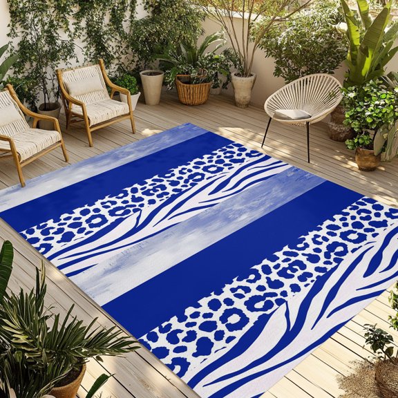 Blue Western Outdoor Rug, Tiger and Leopard Print Vertical Stripes Non-Slip Area Rugs Carpet Breathable Large Floor Mat for Outdoors Patio Porch Deck Beach 3’ x 5’