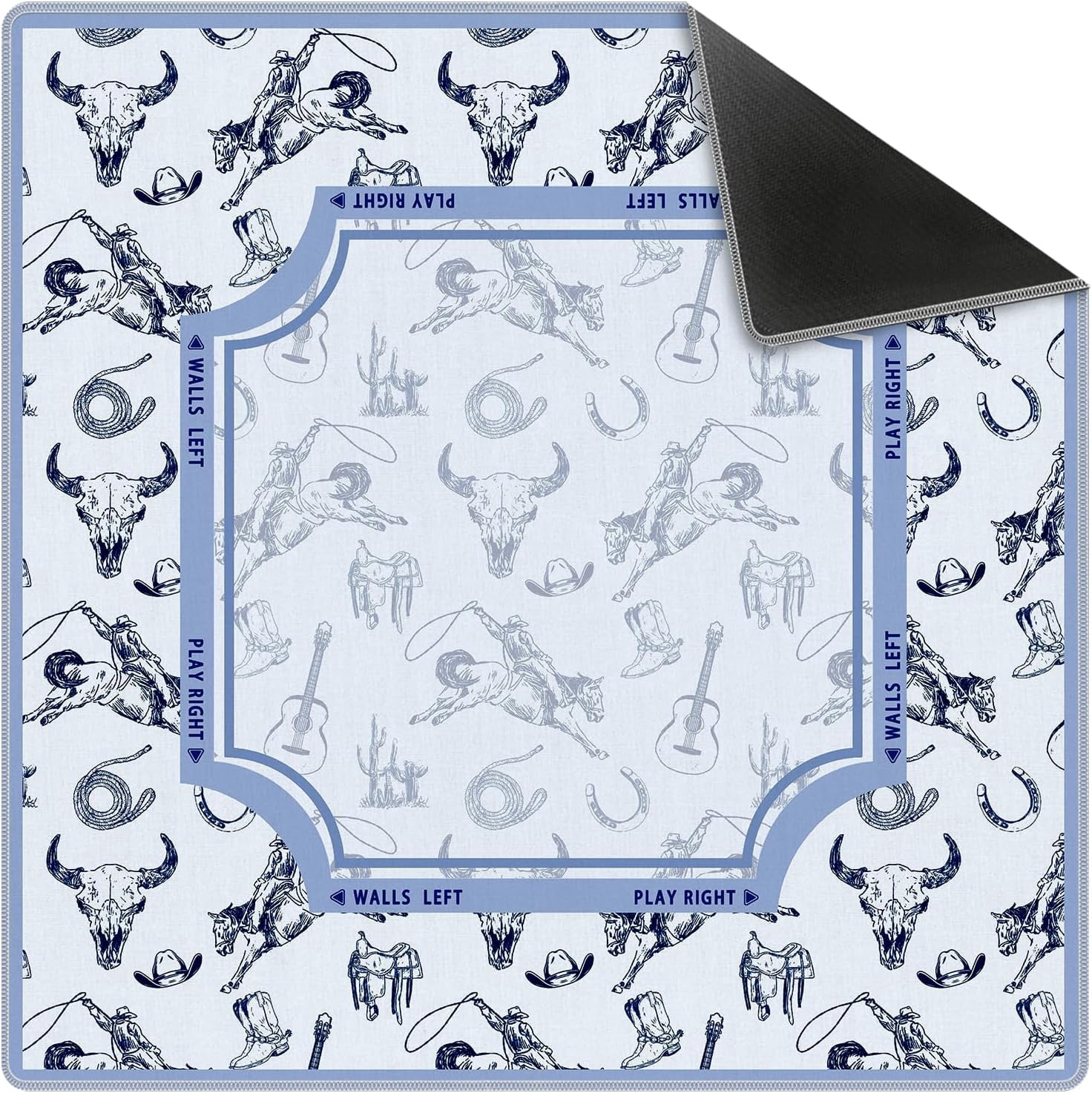 Blue Western Rodeo Cowboy Bull Skull Mahjong Mat 31.5x31.5 Inch, Non-Slip and Noise Reduction Mah Jong Table Mat Cover Gifts for Mahjong Lovers Poker Board Games Dominoes