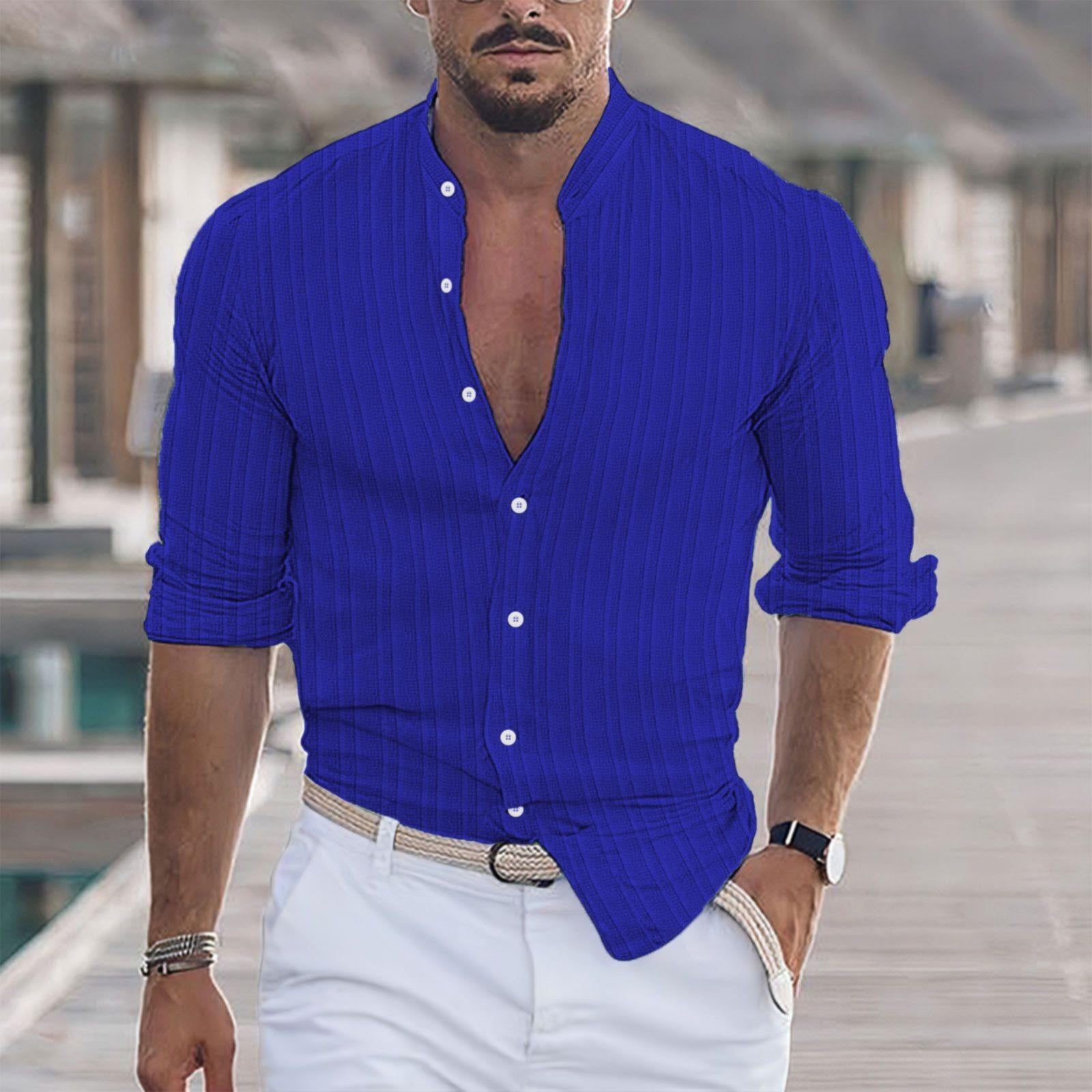 Blue Western Shirts for Men, Cotton Summer Wedding Shirt, Long