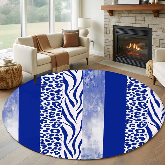 Blue Western Washable Round Area Rug 7 ft, Tiger and Leopard Print Vertical Stripes, Soft Non Slip Rugs Stain Repellent Indoor Felt Carpet for Living Dining Room Bedroom Home Office