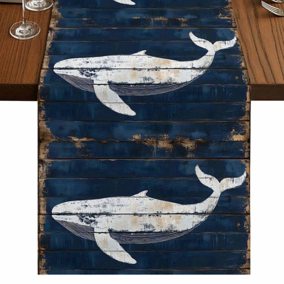 Blue Whale 36 Inch Table Runner, Coastal Ocean Vintage Wooden Grain Farmhouse Dresser Scarf Cotton & Linen Tablerunner for Dining/Kitchen Island/Holiday Party Décor Small 13" x 36"
