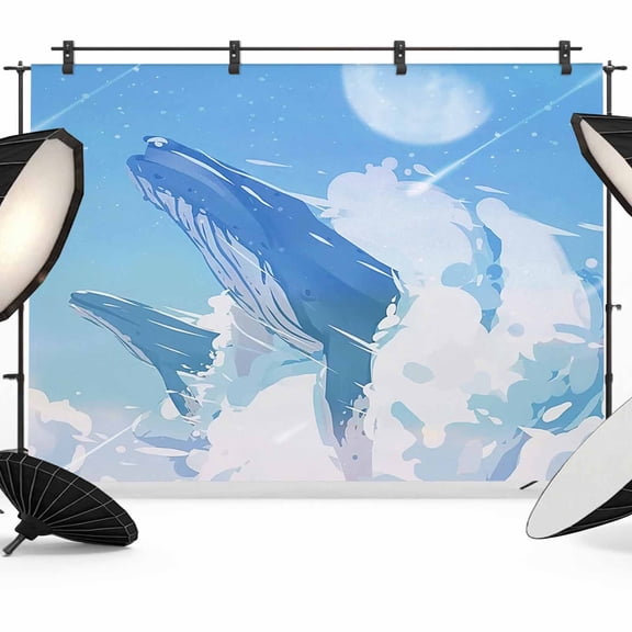 Blue Whale Backdrop for Photography, Fabric Photo Background Backdrop, Blue Sky Clouds Natural Landscape Photo Booth Background for Portrait Photoshoot Video Wedding Studio Decoration Banner 7x5ft