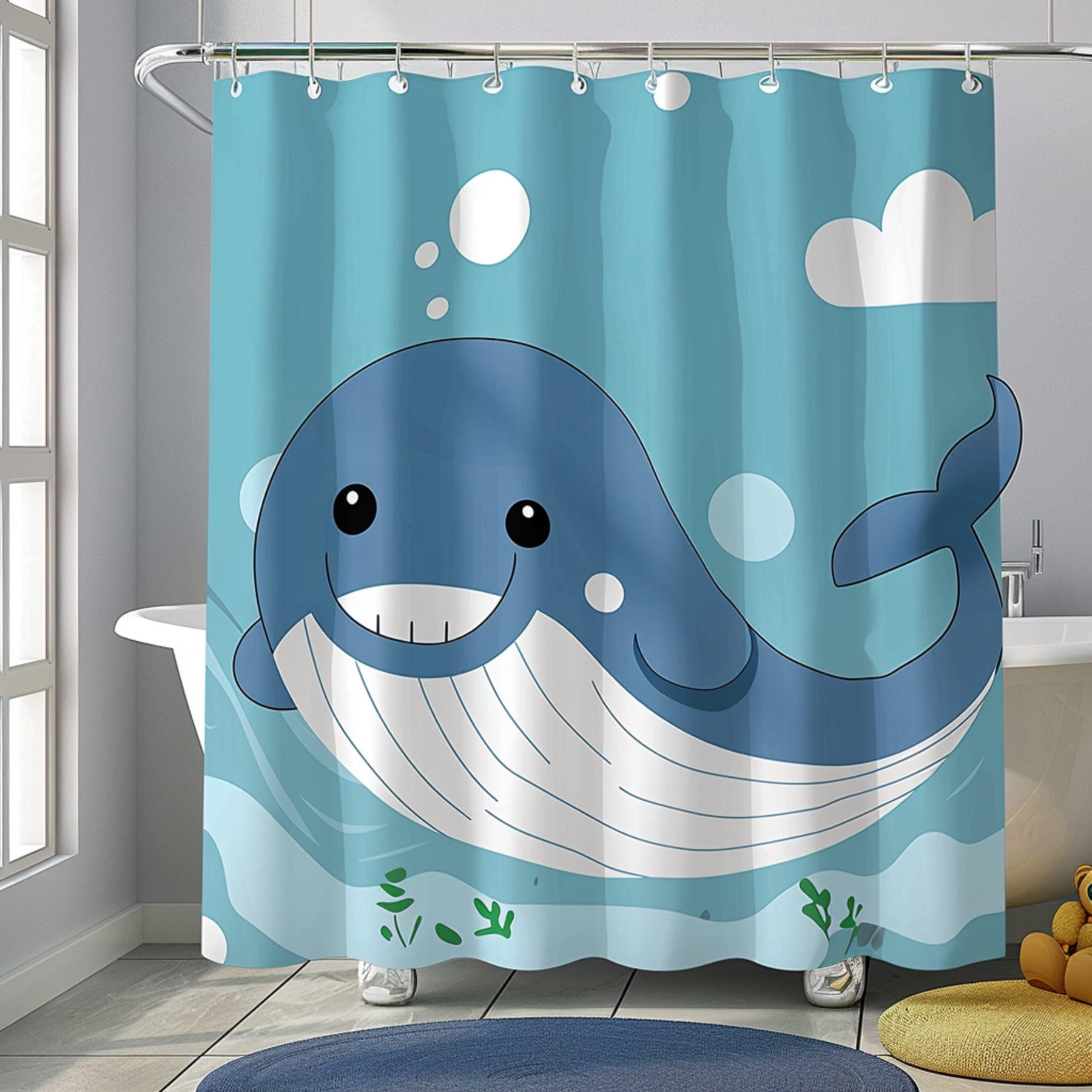 Blue Whale Cartoon Character Bathroom Curtain for Kids Light Sky Blue and Dark Gray Children's ...