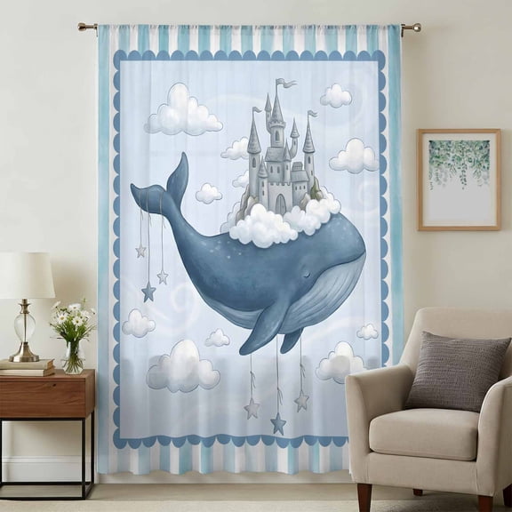 Blue Whale Castle Sheer Curtains 108 Inches Extra Long for Living Room, Clouds Sky Blue Striped Light Filtering Privacy Drapes, Breathable Semi Sheer Window Treatment for Floor to Ceiling Window