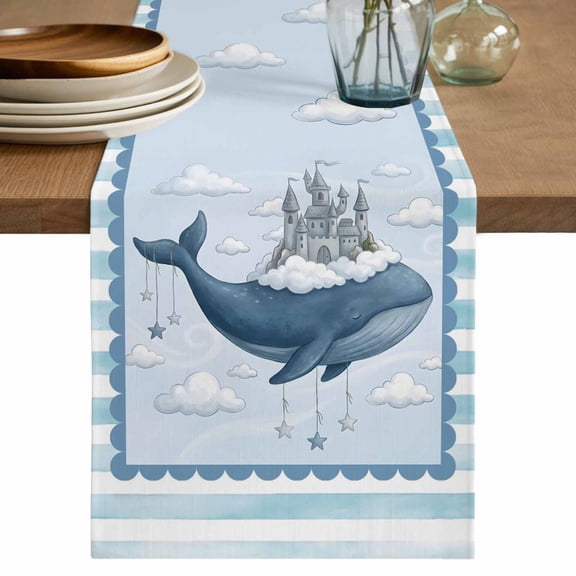 Blue Whale Castle Table Runner, Clouds Sky Blue Striped Washable Cotton Linen Table Runners 48 Inches Long, Dresser Scarf Runner for Nightstand/Coffee/End Tables 13''x48''