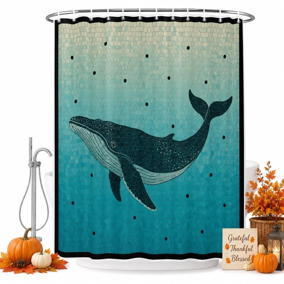 Blue Whale Coastal Shower Curtain Set - Long 72" x 84" Washable Bathtub Curtain with 12 Hooks, Nautical Summer Ocean Seaside Waterproof Fabric Stall Shower Curtains for Bathroom/Bathtub Décor