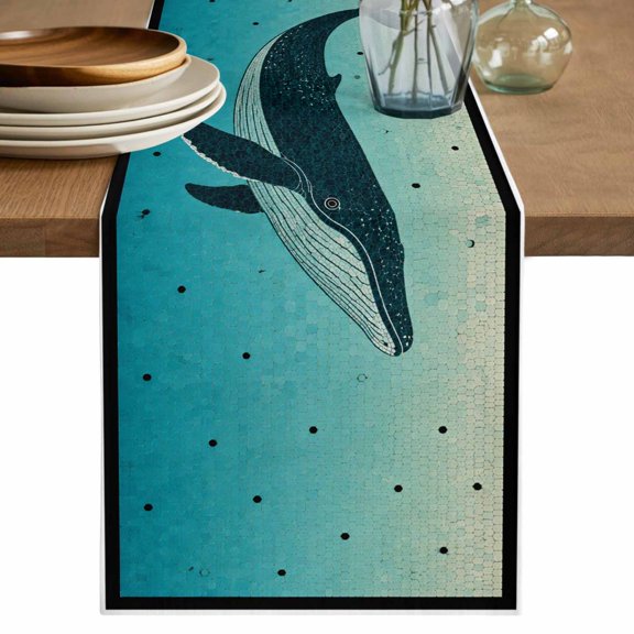 Blue Whale Coastal Table Runner, Nautical Summer Ocean Seaside Washable Cotton Linen Table Runners 36 Inches Long, Dresser Scarf Runner for Nightstand/End Tables/Round Tables 13''x36''
