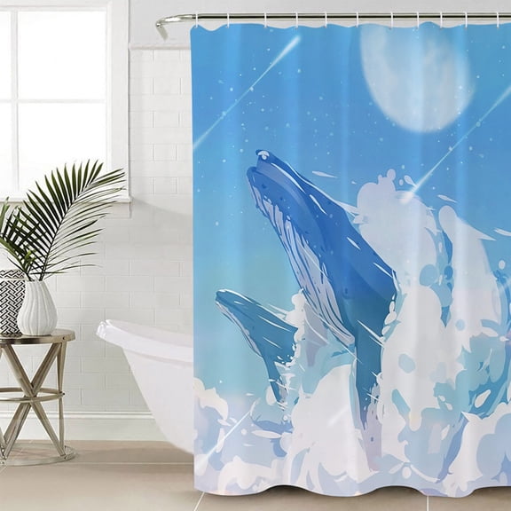 Blue Whale Extra Long Shower Curtain Set, Waterproof Shower Curtains for Bathroom, Blue Sky Clouds Natural Landscape Washable Fabric Cloth Bath Curtain for Bathtub Decoration with Hooks 72x96 Inches