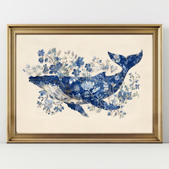 Blue Whale Floral Ocean Wall Art Decor Unframed Paper Print