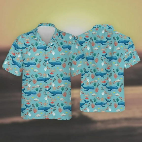 Blue Whale Hawaiian Shirts For Men and Women, Marine Life Button Down Short Sleeve Hawaiian Shirts, Family Matching Clothing, Summer Gifts
