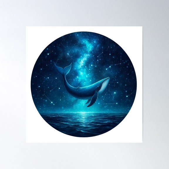 Blue Whale In Starry Sky. Round Blue Sticker. Poster Wall Art, Modern Wall Decor For Living Room Bedroom, 24x24 UNFRAMED