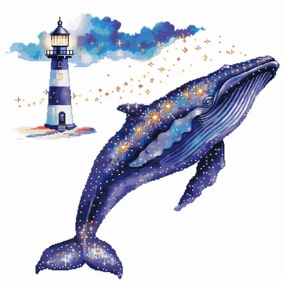 Blue Whale and Lighthouse DIY 11CT Stamped Cross Stitch Kits for Beginners Easy Needlepoint Embroidery Counted Cross Stitch Art Craft for Wall Decoration 20x20inch(1)