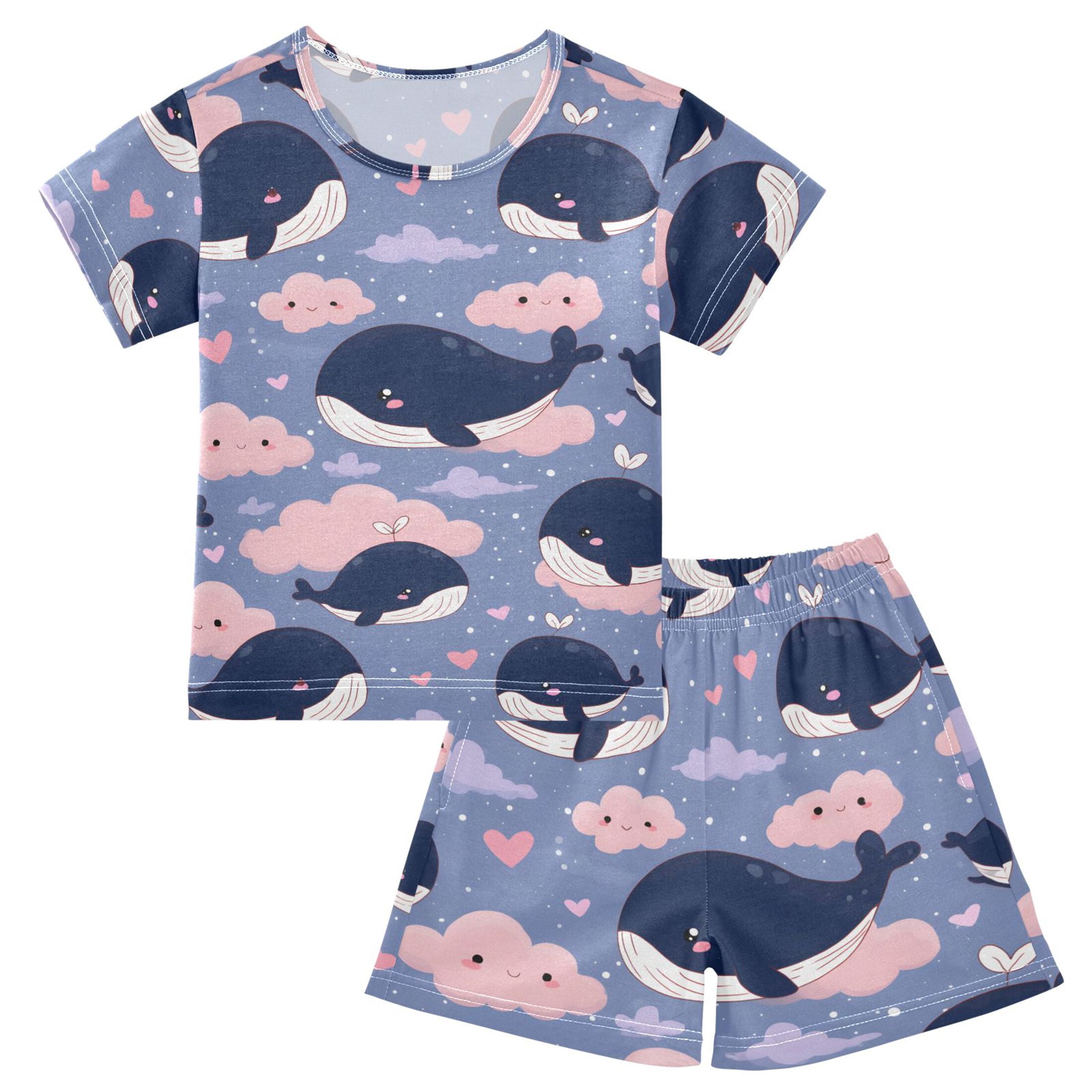 Blue Whale Pattern Summer Pajama Set Soft Cotton Short Sleeve Sleepwear ...