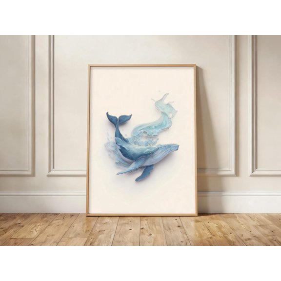 Blue Whale Print Ocean Animal Wall Art Coastal Nautical Decor, Unframed Paper Print