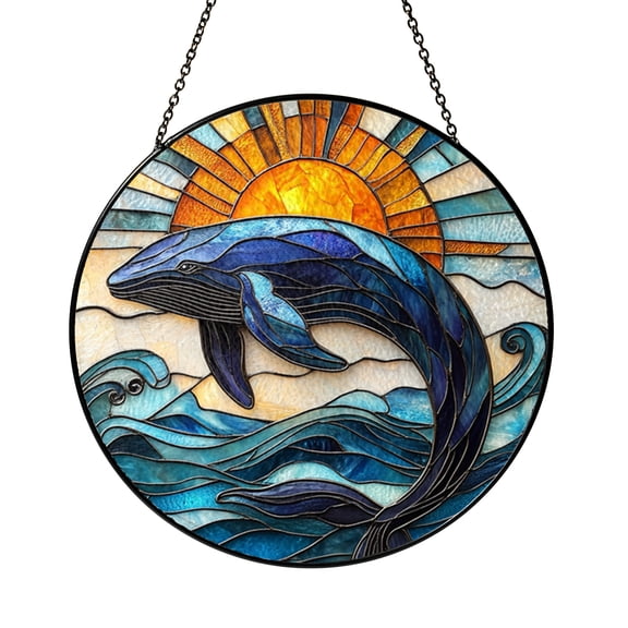 Blue Whale Round Suncatcher, Ocean Sun and Wave Stained Glass Style Window Panel, Coastal Home Decor Gift for Women Men Mom Birthday