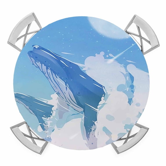 Blue Whale Round Tablecloth for 45-54 Inch Tables, Fitted Table Cover with Elastic Edge, Blue Sky Clouds Natural Landscape Waterproof Outdoor Table Cloth Protector for Patio Garden Dinner Picnic