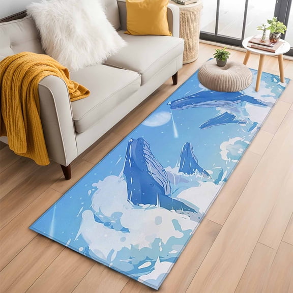 Blue Whale Runner Rug 2x6 FT, Non Slip Hallway Rugs, Blue Sky Clouds Natural Landscape Washable Soft Floor Carpet Non-Shedding Throw Runner Carpet Long Rug for Entryway Kitchen Bedside Sliding Door
