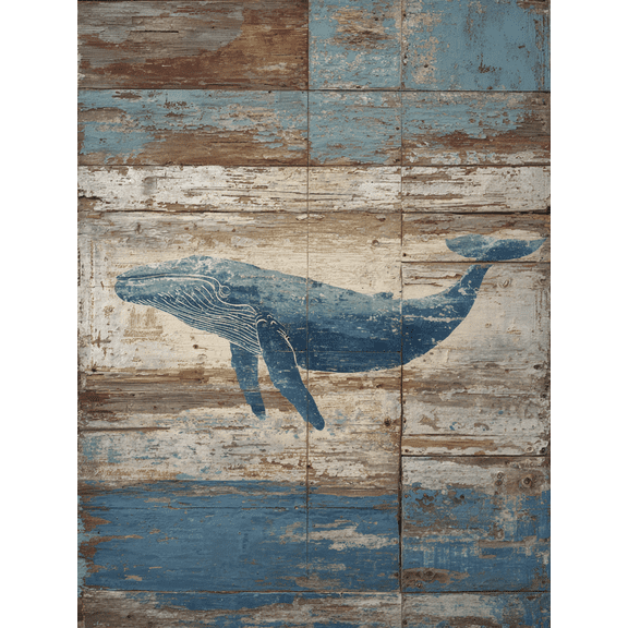Blue Whale Rustic Wood Canvas Print, Wall Art for Living Room, Bedroom, Cafe, Beach House, Nautical Theme, Office