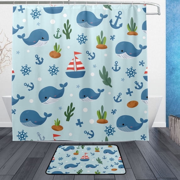 Blue Whale Sailor Pattern Bathroom Accessory Sets Waterproof Shower ...