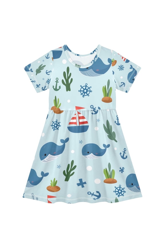 Blue Whale Sailor Pattern Girls Short Sleeve Dress A Line Sun Protection Breathable Comfort Sundress 4T