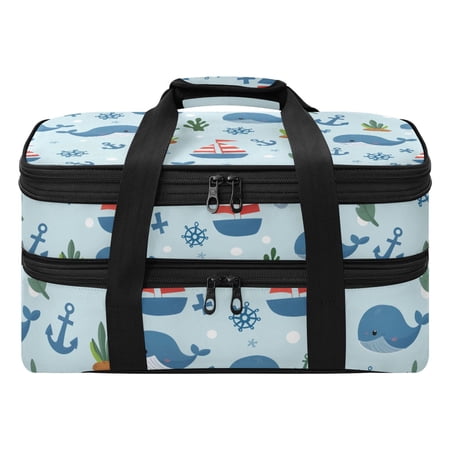 Blue Whale Sailor Pattern Insulated Double Decker Casserole Carrier Expandable for Hot Cold Food Potluck Picnic