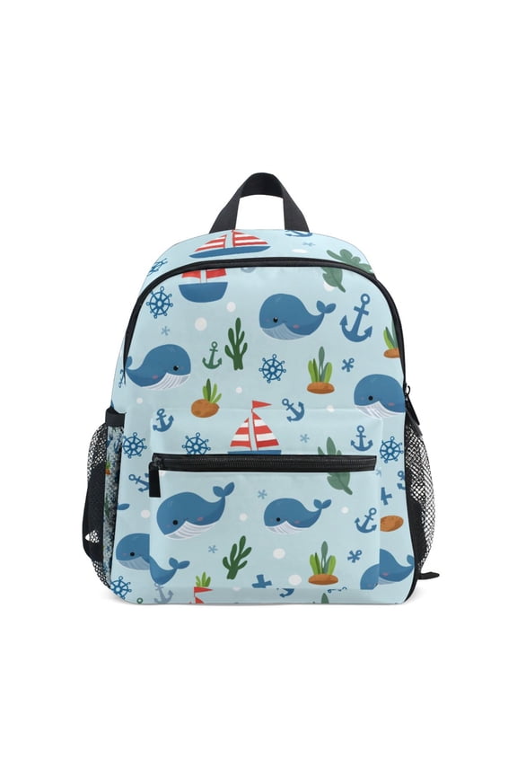 Blue Whale Sailor Pattern Mini Backpack Cute Small Backpack with Chest Strap and Whistle Ages 3-8